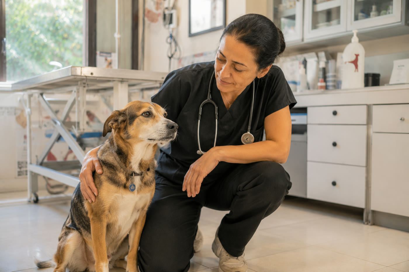Vet. Hek. Elif Sarıkaya muayene sonrası bir köpeği sakinleştiriyor