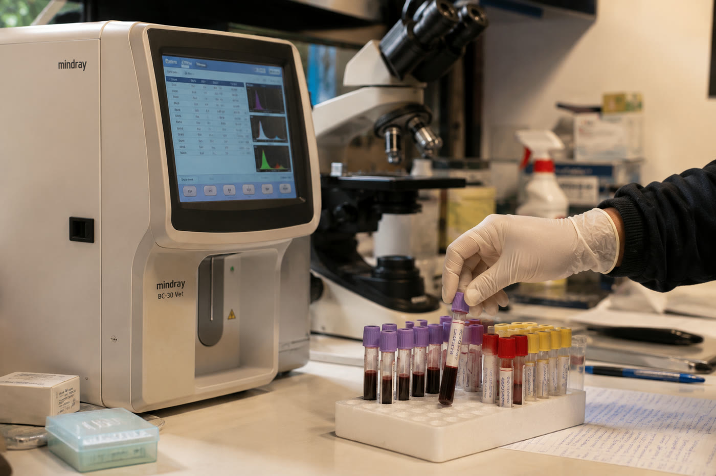Klinik içindeki laboratuvarda kan örneği hazırlanıyor