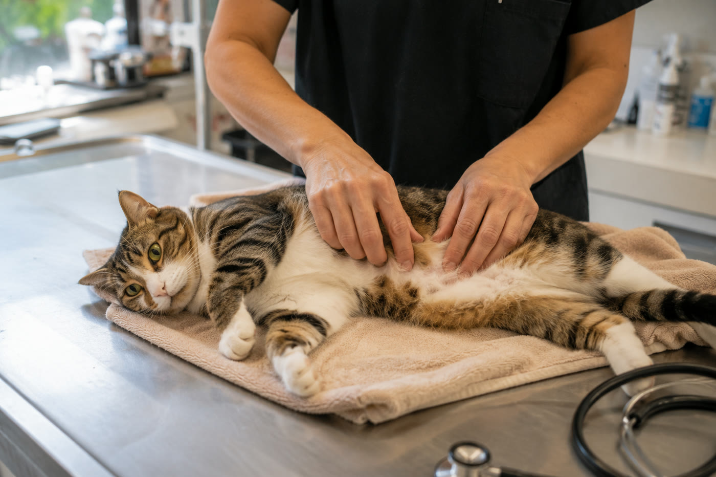 Muayene masasında bir kedinin karnı elle kontrol ediliyor